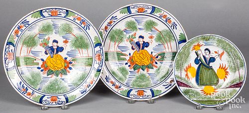 Three Delft polychrome plates, 18th c.