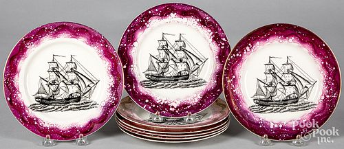 Eight Grays Pottery Sunderland lustre ship plates