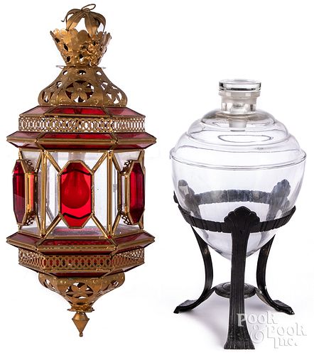 Painted tin ruby and colorless glass hanging lamp