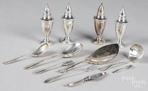 Silver flatware, shakers and spreader