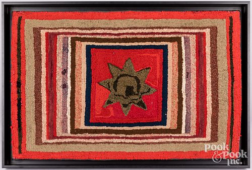American hooked rug star in squares, early 20th c.