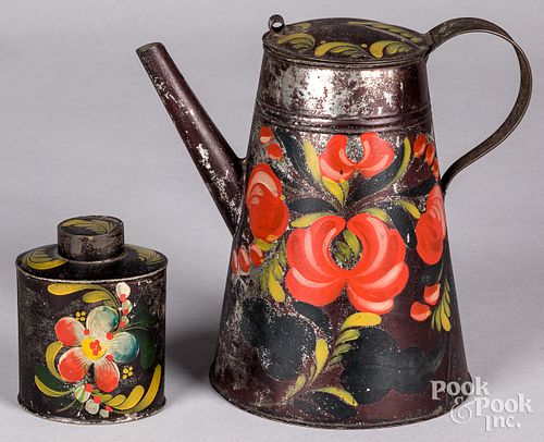 Toleware coffee pot and tea caddy, 19th c.