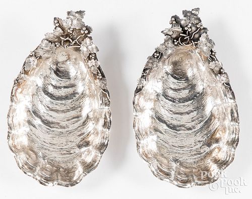 Pair of sterling silver oyster form dishes