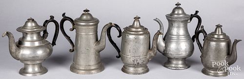 Five American pewter coffee pots, 19th c.