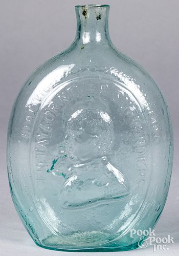 Aqua glass Washington Taylor flask, by Dyottville