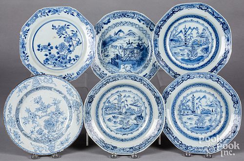 Six Chinese export blue and white porcelain plates