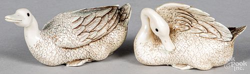 Two Japanese Meiji period carved ivory swans