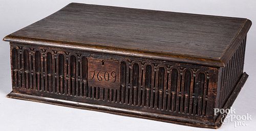 English carved oak Bible box, late 17th c.