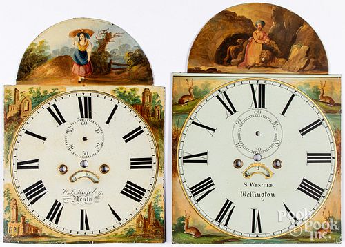 Two English painted metal tall clock faces, 19th c