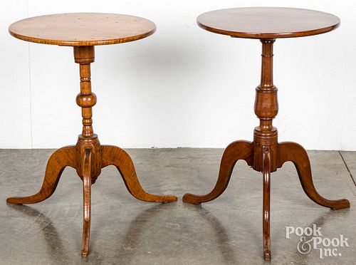 Two cherry and maple candlestands, 19th c.