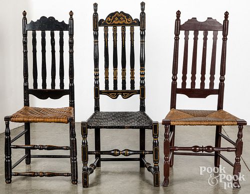 Three New England banisterback chairs, 18th c.