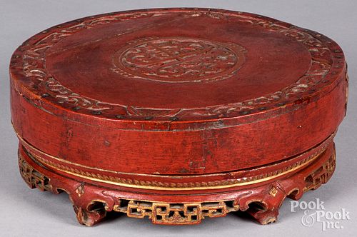 Chinese red painted serving tray and cover