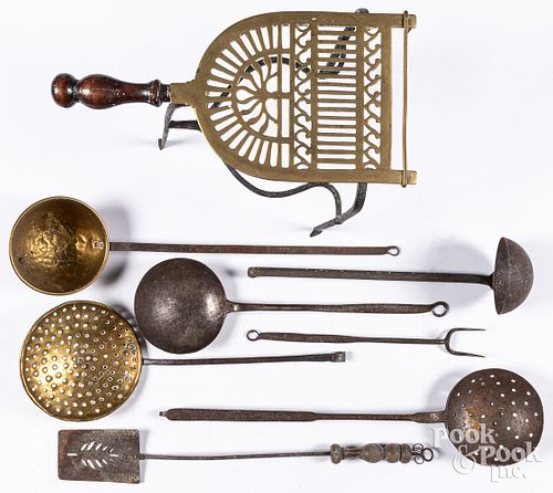 Wrought iron and brass utensils, etc.