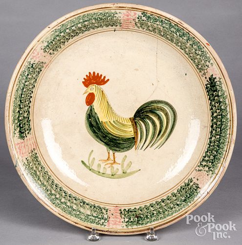 Large sponge decorated charger with rooster