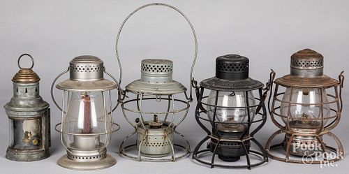 Five tin lanterns, to include Handlan and Dietz.