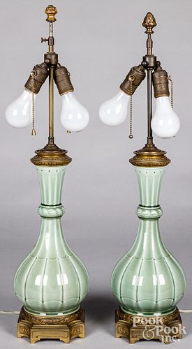 Pair of celadon table lamps, initialed TD