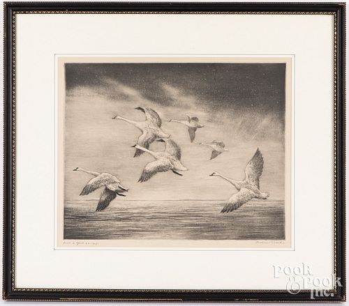 Roland Clark signed engraving of geese