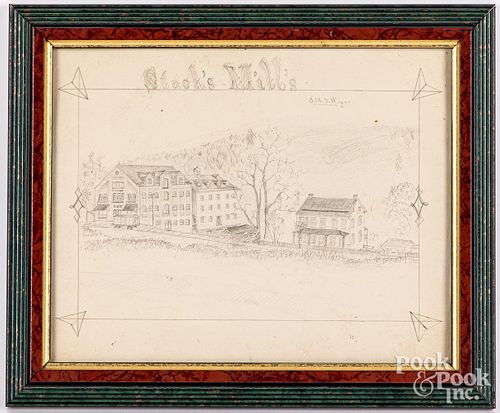 Pencil drawing of Stack's Mill's, signed Bollinger