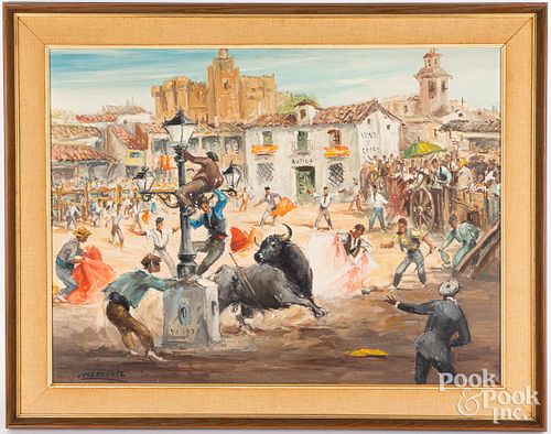 Jose Puente oil on canvas bullfight scene