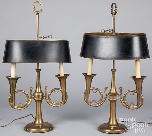 Pair of French-style Bouillotte hunting horn lamps