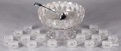 Cut glass punch bowl and cups, etc.