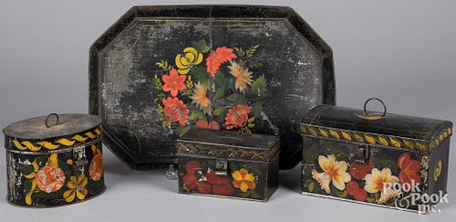 Four pieces of painted toleware, 19th c.