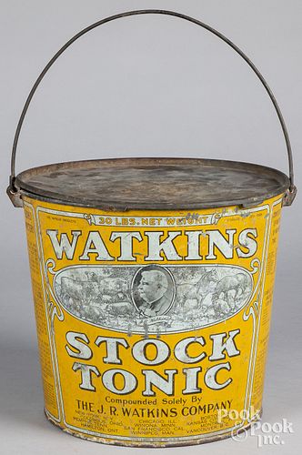 Tin lithograph Watkins Stock Tonic bucket