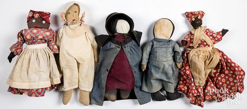 Five cloth dolls, to include Amish no face dolls