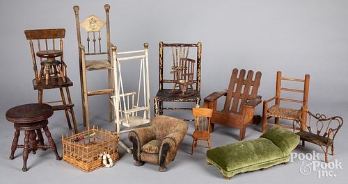 Large group of doll furniture, mostly chairs