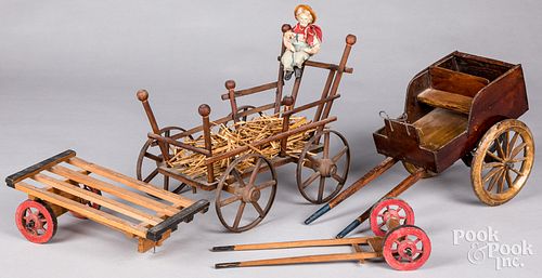 Three wooden toy carts and wagons, 19th c.