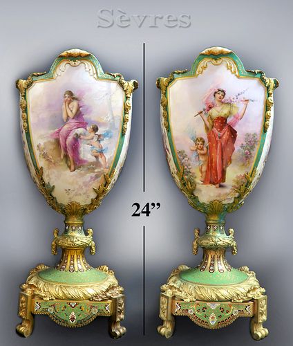 Pair of 19th C. Sevres Bronze & Champleve Enamel Vases