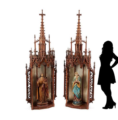 Pair of Monumental 19th C. Gothic Polychrome Decorated