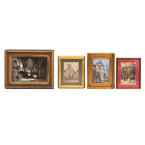 Lote de 4 obras pictóricas. HAROLD COPPING (Inglaterra 1863 - 1932) Los cautivos de Babilonia. Gouache sobre papel. 38 x 26 cm otros