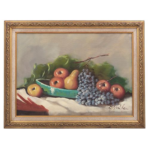 FIRMADO A. MILER. Bodegón con uvas. Óleo sobre tela. Enmarcado. 50 x 70 cm