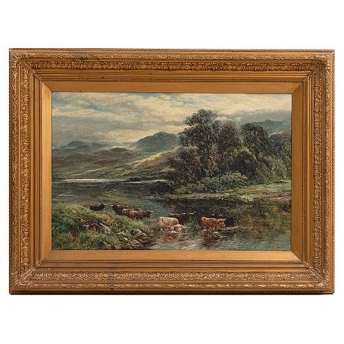 WILLIAM LANGLEY (INGLATERRA, 1880 - 1920). Paisaje con toros lanudos. Óleo sobre tela. 50 x 75 cm