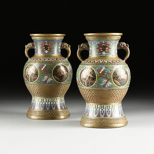 A PAIR OF JAPANESE ARCHAISTIC STYLE POLYCHROME ENAMELED CLOISONNÉ BRONZE VASES, DRAGON AND PHOENIX, 20TH CENTURY,