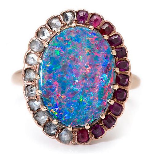 Ladies Opal Doublet Ring with Diamonds and Rubies 