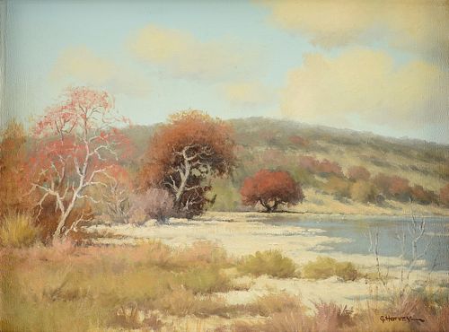 GERALD "G. HARVEY" JONES (American 1933-2017) A PAINTING, "Creek and Red Trees in Hill Country Autumn Landscape,"