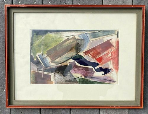 Nice unidentified abstract modernist mixed media gouache, ex Roten, unsigned