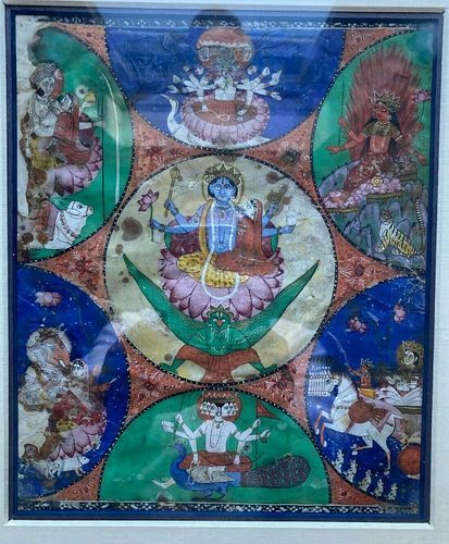 Very early Indian Miniature, 'Thanka', Krishna, Vishnu, Brahma, Yama, Ganesh