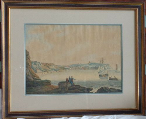 Watercolor diorama 18th/19th c. Coastal view, custom framed