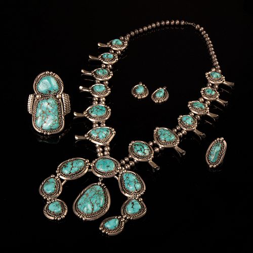 Diné [Navajo], Silver and Blue Carico Turquoise Set
