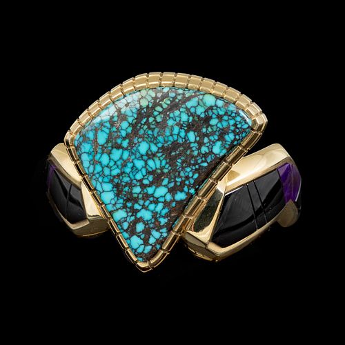 Hopi, Don Supplee, Yellow Gold, Turquoise, Onyx and Sugilite Cuff Bracelet