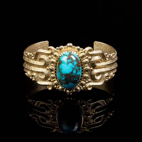 Diné [Navajo], Ric Charlie, Tufa Cast Yellow Gold and Turquoise Cuff Bracelet