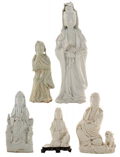 Five Dehua Blanc de Chine Figures of Quanyin