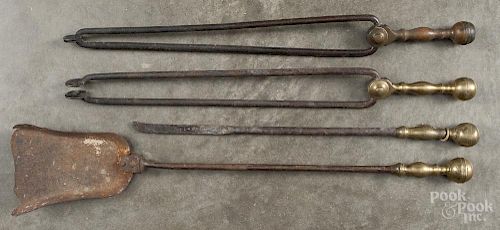 Four Chippendale iron and brass fire tools, late 19th c.