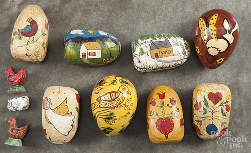 Six contemporary Daniel and Barbara Strawser carved and painted eggs, initialed and dated 1971