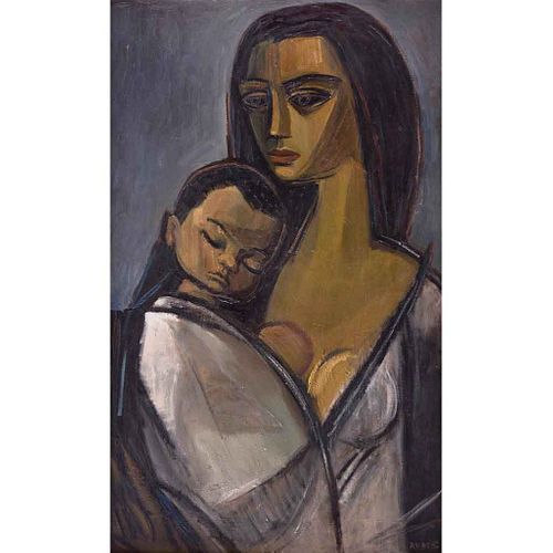 FRANCISCO REBÉS, Maternidad, Firmado, Óleo sobre tela sobre masonite, 82 x 50 cm