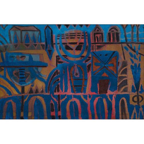 GUILLERMO PACHECO, Ciudad gótica, Sin firma, Óleo y arena sobre tela, 80 x 120 cm