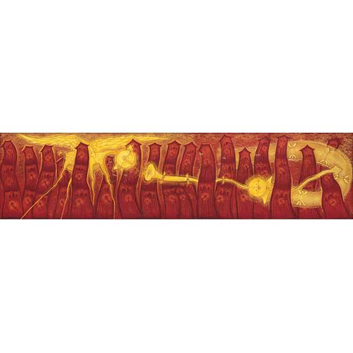 ROLANDO ROJAS, Sin título, Firmado, Óleo y arena sobre lino, 100 x 400 cm